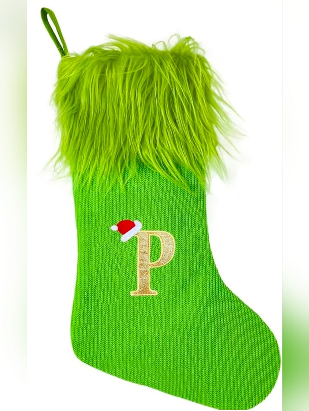 Festive Green Grinch Personalized Holiday Stocking "P" with Faux Fur Cuffs, EUC
